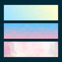 Set of pastel geometric banners with low poly design in soft gradient colors including blue, pink, yellow, and white on a dark background. vector