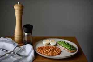 A healthy and satisfying breakfast plate with protein-rich beans, a runny egg yolk, and a flavorful avocado toast. photo