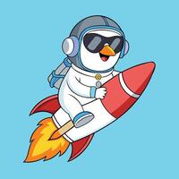 A cartoon penguin is riding on a rocket vector