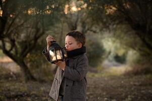Under the soft glow of the sunset, a boy in a coat blows on his lantern, the olive tree tunnel around him casting a magical atmosphere. photo