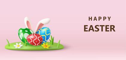 3d Easter banner with bunny ears and beautiful painted eggs set vector