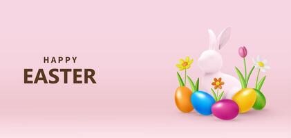 3d Easter banner with rabbit and beautiful painted eggs set vector