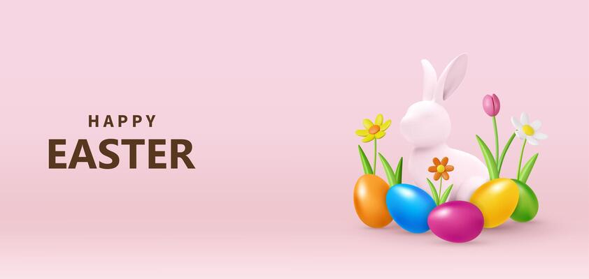 3d Easter banner with rabbit and beautiful painted eggs set