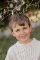 The blonde boy in a white sweater smiles brightly, his sparkling eyes and warm expression radiating pure innocence and joy. photo