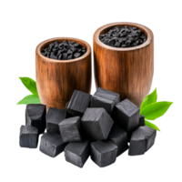 Natural Activated Charcoal in Wooden Bowls with Leaves and Cubes on png