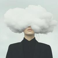 Businesswoman hiding her face behind a cloud representing surrealism and abstract concept photo