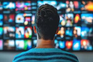 Man watching streaming platform content on smart tv at home photo
