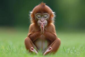 Cute baby monkey meditating in yoga pose on green grass photo
