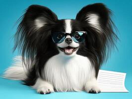 Papillon dog wearing sunglasses and showing a blank page on blue background photo