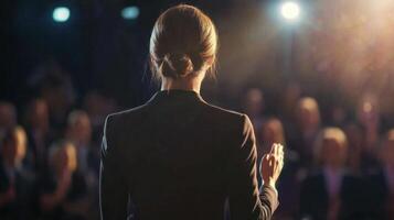 Businesswoman making presentation to audience in conference hall photo