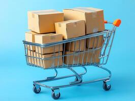 Shopping cart overflowing with cardboard boxes on blue background photo