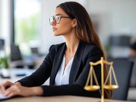Lawyer working at office desk with scales of justice, integrity and law concept photo