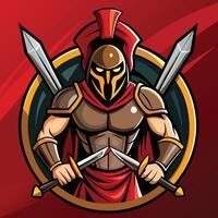 Fierce Spartan Warrior Emblem with Crossed Swords and Shields in Defensive Stance vector