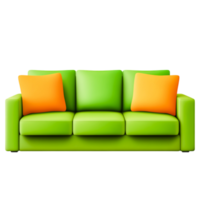 Vibrant Green Couch with Orange Cushions in Cozy Modern Living Room Setting png