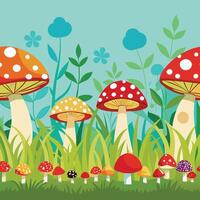 Seamlessly Tileable Mushroom Meadow with Repeating Design for Bottom Border vector