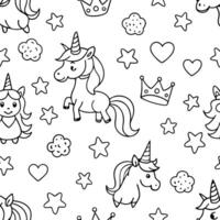 Enchanting Seamless Pattern Featuring Unicorns Princesses and a Magical Castle vector