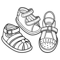 Coloring Page Featuring an Adorable Collection of Sandals and Shoes for Kids vector