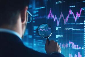 Businessman analyzing financial charts on digital screen with magnifying glass photo