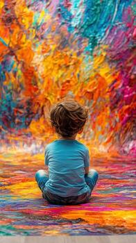 Child admiring vibrant abstract painting, exploring creativity and imagination photo