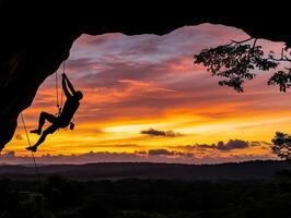 Silhouette of a climber hanging from a rock at sunset, overcoming a challenge photo