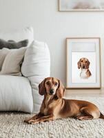 Dachshund relaxing on carpet in cozy living room with portrait photo