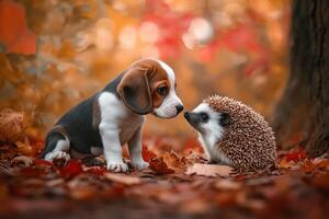 Beagle puppy meeting a hedgehog in autumn leaves photo