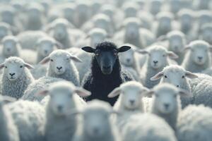 Black sheep standing out in a crowd of white sheep photo