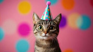 Cute tabby cat wearing party hat celebrating birthday on colorful background photo
