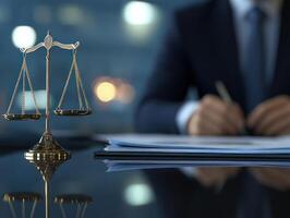 Lawyer working with scales of justice and documents on desk photo