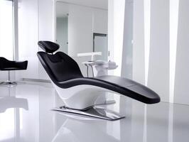 Modern black and white dental chair in empty clinic symbolizing comfort and technology photo