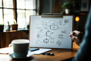 Web designer drawing website wireframe sketch on clipboard photo
