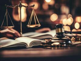 Lawyer working with law books, gavel and scales of justice on desk photo