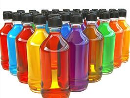 Colorful liquid bottles forming a triangle on white background photo