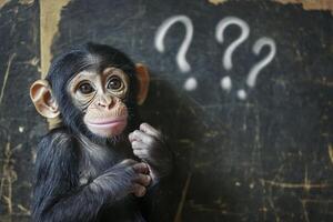 Curious baby chimpanzee asking questions in front of blackboard photo