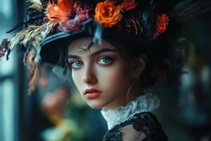 Fashion model wearing extravagant hat with feathers and flowers photo