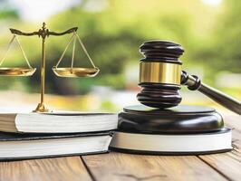Judge gavel, scale, and law books symbolizing justice and law photo