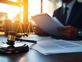 Lawyer working with documents and gavel in courtroom or office photo