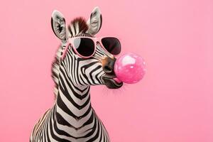Zebra wearing sunglasses blowing pink bubble gum on pink background photo