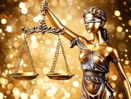 Golden themis statue holding scales of justice on blurred background photo