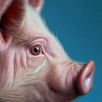 Piglet gazing with curious eye on blue background photo