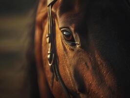 Chestnut horse wearing bridle looking towards setting sun photo