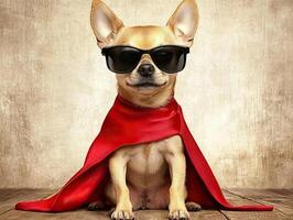 Chihuahua superhero wearing sunglasses and red cape sitting on wooden floor photo