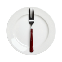 Silver Fork with Red Handle Resting on White Dinner Plate Centered Image png
