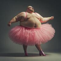Funny overweight man dancing ballet in pink tutu photo