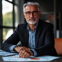 Senior businessman analyzing charts and graphs in modern office photo