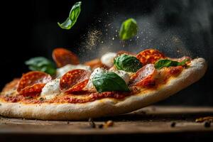 Delicious pepperoni pizza with mozzarella and basil floating in the air photo