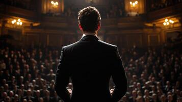 Public speaker presenting to large audience in auditorium photo