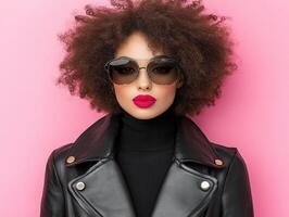 Fashion model posing with sunglasses and leather jacket on pink background photo