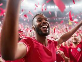 Euphoric soccer fan celebrating with arms raised amidst falling confetti photo
