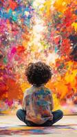 Young artist admiring inspiring colorful abstract painting in art gallery photo
